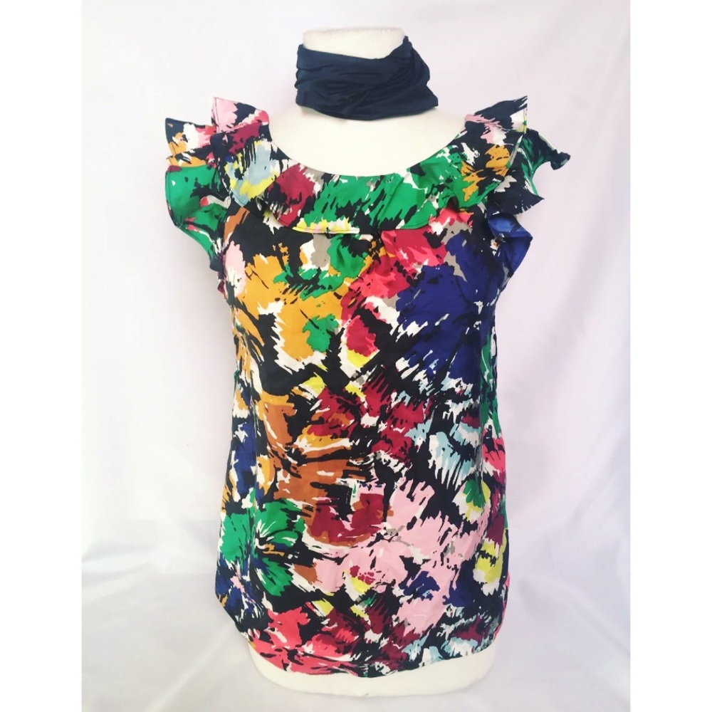 J CREW Ruffle Silk Top Colorful Brushstroke Print